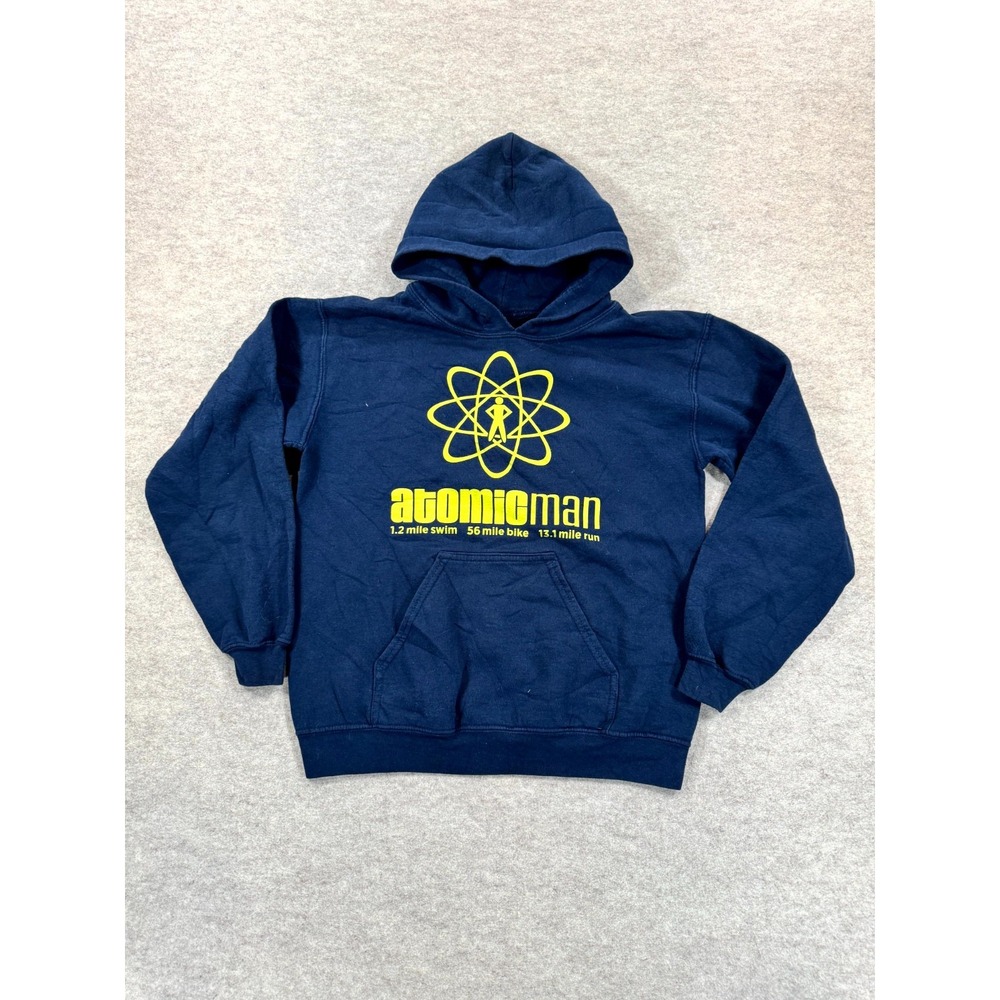Gildan Atomicman Hoodie Mens Small Navy Blue Graphic Fleece Lined Pullover